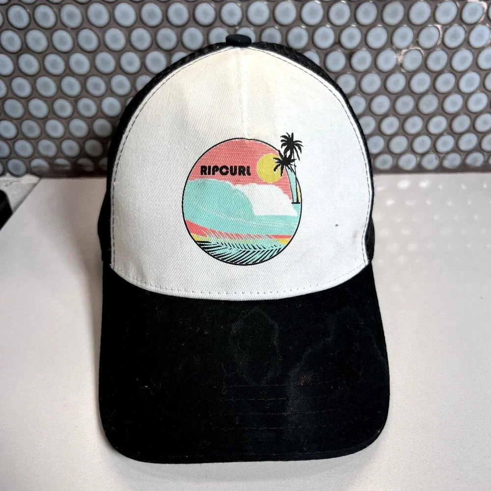 Rip Curl Hat Cap Trucker White Black‎ Graphic Adujustable Snapback Mesh Gray